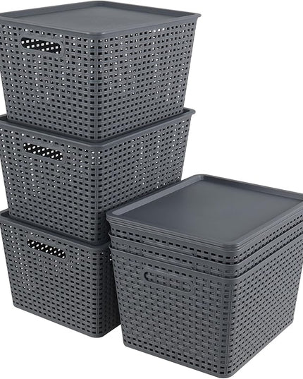 6 Pack Plastic Storage Bins with Lids, Stackable Storage Baskets with Handles, Large Organizer Bins for Desk, Shelves, Office, Plastic Container Bins for Pantry Organizers and Storage, Grey