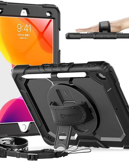 Timecity Case for iPad 9th/ 8th/ 7th Generation 10.2 inch - Heavy Duty Protective Cover with Screen Protector, Rotating Stand, Shoulder Strap & Pencil Holder | Kids-Friendly (Black)