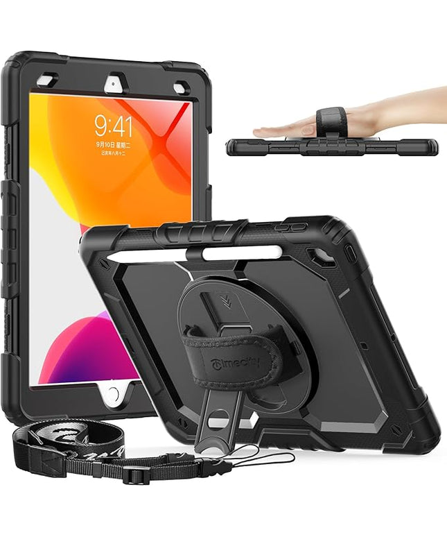 Timecity Case for iPad 9th/ 8th/ 7th Generation 10.2 inch - Heavy Duty Protective Cover with Screen Protector, Rotating Stand, Shoulder Strap & Pencil Holder | Kids-Friendly (Black)