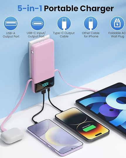 Portable Charger for iPhone with Built in Cables and Wall Plug,Upgraded 13800mAh Fast Charging USB C Power Bank,4 Outputs Travel Essential Battery Pack Compatible with iPhone 17/16/15/14,Samsung-Pink