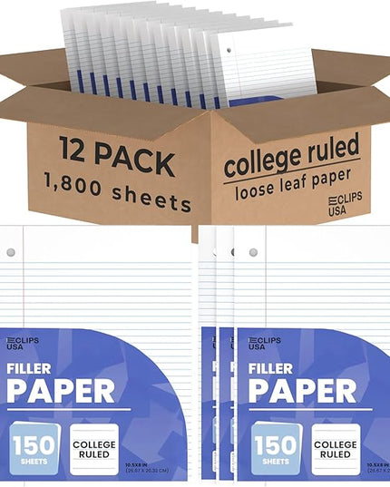 Loose Leaf Paper College Ruled Notebook Paper College Ruled Lined Writing Filler Paper 10.5” x 8” 1800 Sheets 150 Sheets Per Pack 60 gsm (12 Pack)