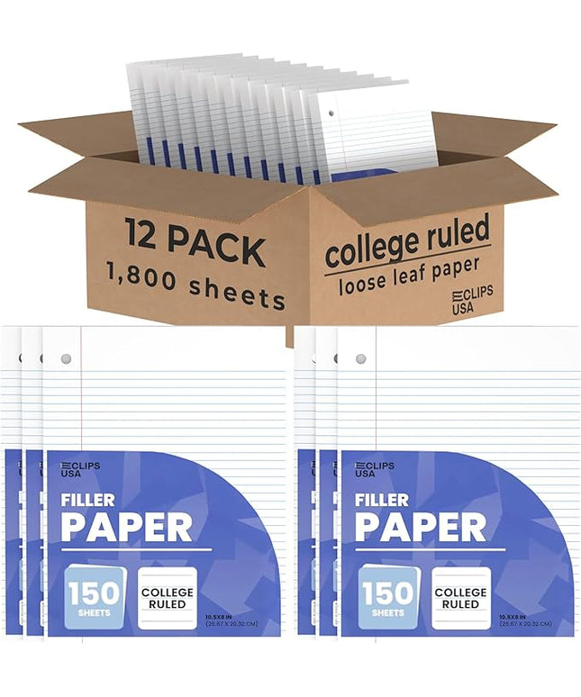 Loose Leaf Paper College Ruled Notebook Paper College Ruled Lined Writing Filler Paper 10.5” x 8” 1800 Sheets 150 Sheets Per Pack 60 gsm (12 Pack)