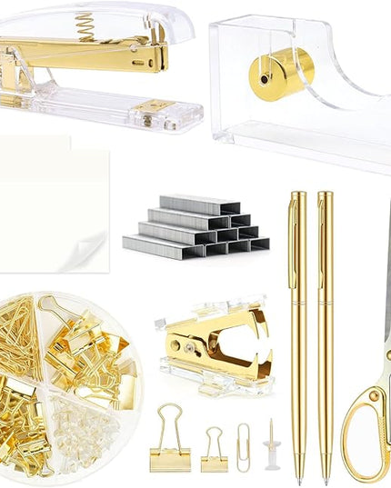 Gold Office Supplies,UPIHO Gold Desk Accessories,Stapler and Tape Dispenser Set with Large Stapler,Tape Dispenser, Staple Remover, Staples, Clips,Scissor,Pen and Sticky Notes,Gifts for Office Clerks