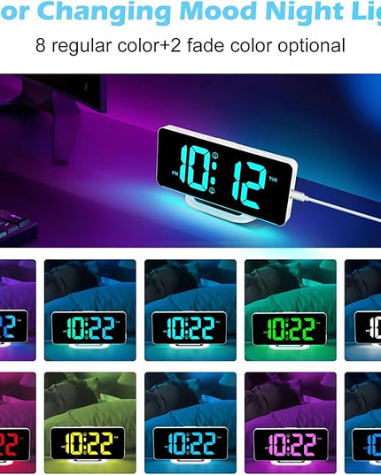 ALANAS RGB Digital Alarm Clock, Color Changing Mood Light with 10 Colors, Dual Alarm with Snooze, Dimmable Display, USB Charger, Adjustable Volume, Plug in, Bedroom Desk Clock for Teens, Adults