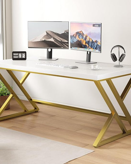 LVB White and Gold Desk, Modern Wood Home Office Computer Desk, Metal Study Executive Writing Table for Gaming Writing Work, Farmhouse Simple Compact Student PC Desk for Bedroom, 55 Inch