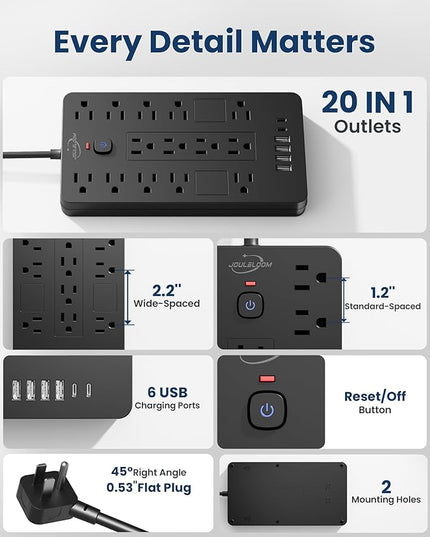 Surge Protector Power Strip-14 Outlets and 6 USB Ports, 6 Feet Flat Plug Extension Cord, 1850 Joules, Black, ETL Listed for Home, Office, Dorm Room