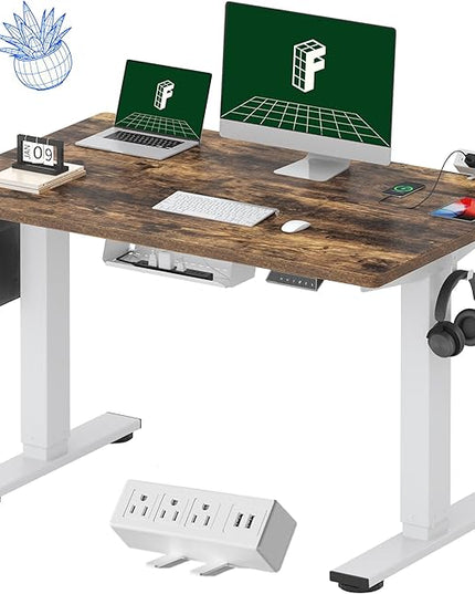 FLEXISPOT EN2 Whole-Piece Standing Desk with Clamp Power Strip, 48 x 30 Electric Stand Up Height Adjustable Desk with Cable Management (White Frame + 48" Rustic Brown Desktop, 2 Packages)