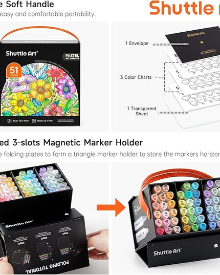 Shuttle Art Pastel Alcohol Markers Brush tip, Dual Tip Brush & Chisel Tip Art Marker Set, 50 Colors plus 1 Blender Marker Pens with Case Perfect for Illustration Students Adults Coloring Sketching