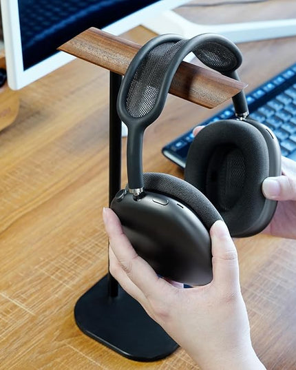 GEVO Headphone Stand for Desk, Walnut Wood & Aluminum Headset Stand, Universal Walnut Gaming Headset Holder with Solid Heavy Base for AirPod Max, Bose, Sony All Headphone Sizes (Square Base)