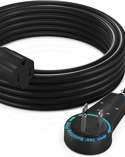 Maximm Extension Cord 10 Feet – 360° Rotating Flat Plug, 3-Prong Grounded Power Cable – UL Certified, 13A 125V, Heavy Duty 14AWG Wire – Ideal for Tight Spaces Behind Furniture – Black