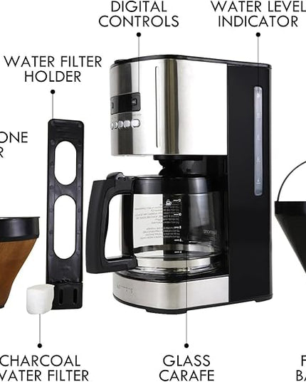 Kenmore Drip Coffee Maker - 12 Cup Programmable Cafe Machine With Glass Pot, Regular & Bold Brew, Auto Shut Off Large Water Reservoir, Reusable Filter, Kitchen Appliances For Cafeteria Barista, Black