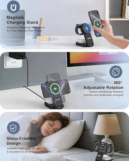 3 in 1 Charging Station for Apple MagSafe Charger, Foldable Wireless Charging Station Magnetic Wireless Charger Stand for iPhone 17 Air/16/15/14/13/12 Series/Apple Watch10-2/Airpods (Black)