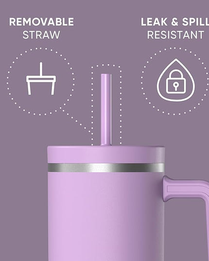 Hydrapeak Voyager 40 Oz Stainless Steel Tumbler with Handle, Insulated Water Bottle With Straw & Lid, Cupholder Friendly Reusable Travel Mug (Mauve)