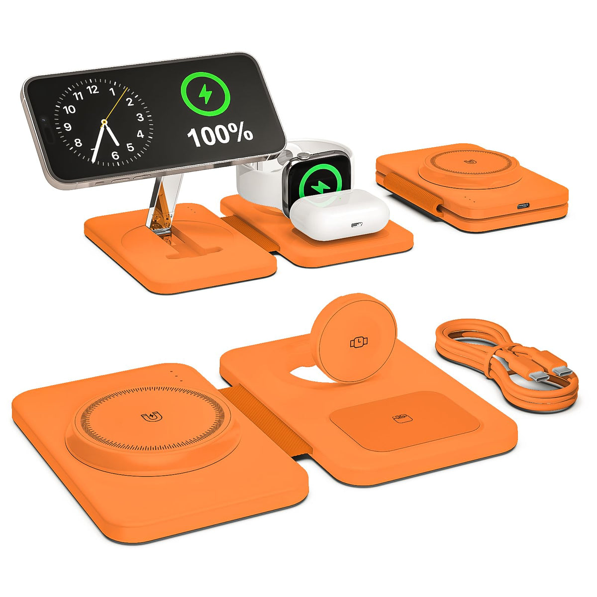 3 in 1 Magnetic Wireless Charger for Apple Multiple Devices, Foldable Fast Charging Station - Magsafe Charger Stand, Travel Charger Pad for iPhone 17 16 15 14 13 12 Series/Apple Watch/AirPods Orange