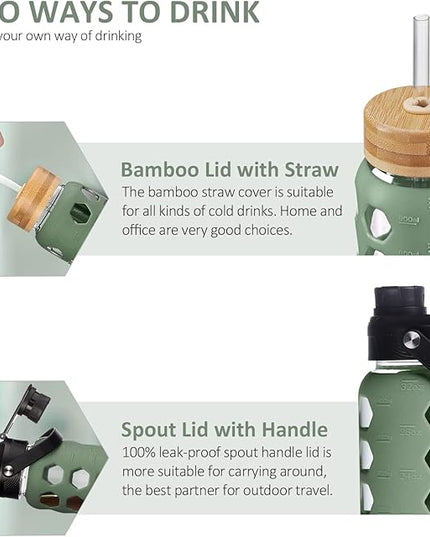 MUKOKO 32oz Glass Water Bottles with 2 Lids-Handle Spout Lid&Bamboo Straw Lid, Motivational Water Tumbler with Time Marker Reminder and Silicone Sleeve, Leakproof-Olive-1 Pack