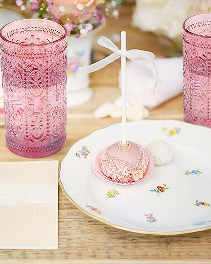 Drinking Highball Beverage Glass Cup, Vintage Drinking Glasses, Colored Glassware Set for Party Wedding Home Office Gift, Set of 4 ,Pink