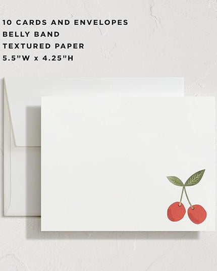 Minted Twin Cherries Stationery Set, Set of 10, Flat Note Cards & Envelopes for Invitiations and Handwritten Thank You Messages, Red Cherry Fruit Illustration, Gifts for Men and Women, Luxurious Paper