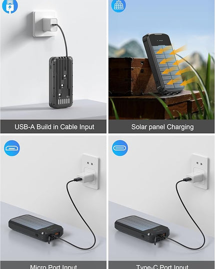 Solar Charger Power Bank, PD 20W Fast Charging External Batter, 40000mAh Portable Phone Charger Built in 4 Cables with Dual Bright Flashlights for Camping, Hiking, and Outdoor Use (Black)