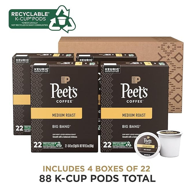 Peet's Coffee, Medium Roast Keurig K-Cup Pods, 100% Arabica Coffee - Big Bang 88 Count (4 Boxes of 22 Pods)