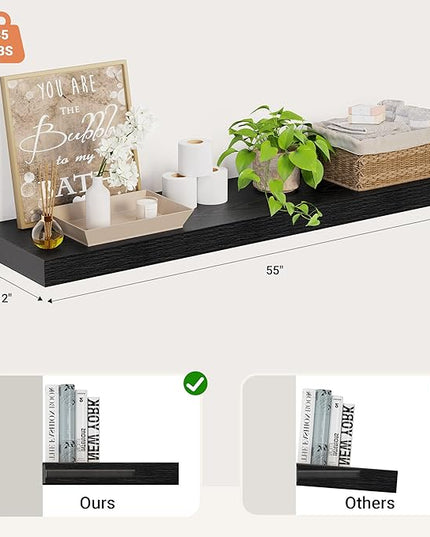 Heimlove 12 Inch Deep Floating Shelves, 55 x 12 inches Long Wall Shelf, Large Extra Display Shelf & Storage Shelf, Rustic Wood Wall Shelves for Fireplace Mantel, Set of 1(Black)