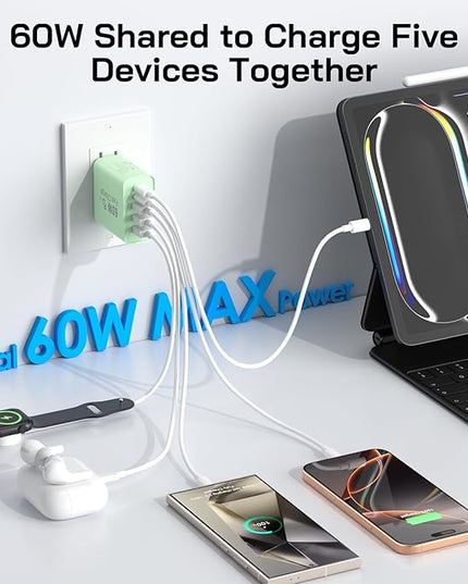 2Pack USB C Fast Charger Block, 60W 5-Port USB C Wall Charger 30W Type C Charging Block, 2USB C+3USB A PPS/PD 3.0 Multiport Charging Cube for iPhone 17 16 15 14 Pro Max,for Galaxy S25 S24 Ultra, i Pad