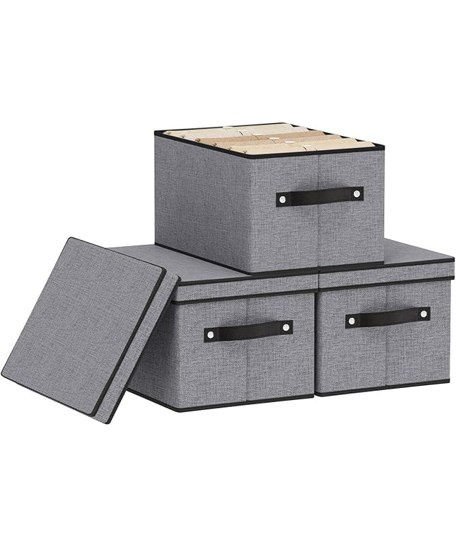 Storage Boxes, 7.1 x 9.1 x 13 Inch Closet Organizers for Shelves Bedroom Office with Handles, Storage Bins with Lids, Gray, 3-Pack