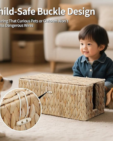Cable Management Box,Hand-Woven Water Hyacinth Decorative Cord Organizer,2 Side Open Slots Wicker Cable Box to Hide Cords and Power Strip,for Desk, Floor, Office,2 Pack