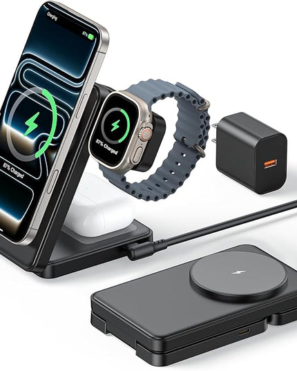 3 in 1 Magnetic Charging Station, 15W Fast Wireless Charger Compatible with MagSafe Charger Stand for iPhone 17 16 15 14 13 12, Apple Watch Charger & AirPods, Foldable Travel Charging Dock, Black