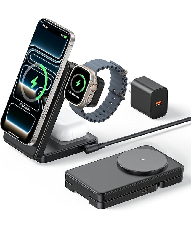 3 in 1 Magnetic Charging Station, 15W Fast Wireless Charger Compatible with MagSafe Charger Stand for iPhone 17 16 15 14 13 12, Apple Watch Charger & AirPods, Foldable Travel Charging Dock, Black