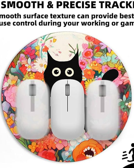 Black Cat Flower Small Mouse Pad, Cute Aesthetic Anime Mousepad with Non-Slip Rubber Base, Round Mouse Pads for Desk Accessories Laptop Gaming Office Supplies Decor(8.6 x 8.6 Inch)