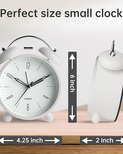 Twin Bell Loud Alarm Analog Alarm Clock, 4 inch Super Silent Non Ticking Small Clock with Night Light, Battery Operated, Simple Design, Old Fashioned, for Heavy Sleeper, Bedroom, Bedside, Desk, White