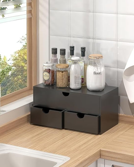 Bamboo Desk Organizer with Drawers Desktop Storage Drawers for Bills Office Supplies Kitchen Utensils Organizing Tool for Home Classroom Organization No Assembly (Black)