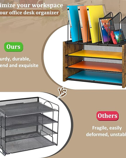 4-Tier Desk Organizer, Desk File Organizer with 5 Vertical File Holders, Office Desktop Organizer with 3 Level Paper Organizer Letter Tray, Wooden Desk Organizers and Accessories for Home Office