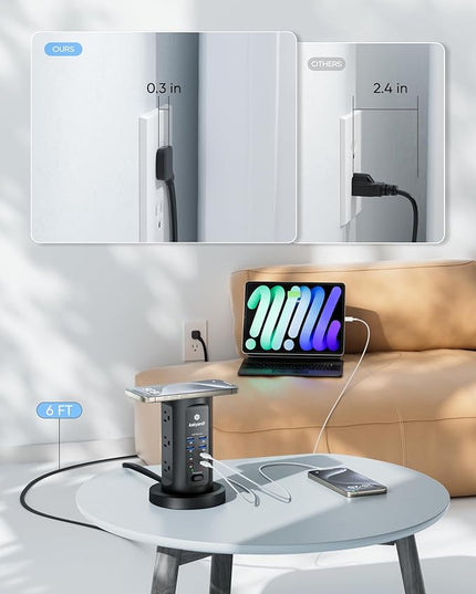 115W USB Charging Station, Surge Protector Power Strip Tower, 9 AC Outlets with 8 USB Ports(4 USB-C), 6Ft Flat Plug Retractable Extension Cord, for Home Office Dorm, Black