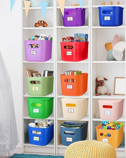 Thyle 12 Pack 7 Quarts Plastic Storage Bins for Christmas Storage with Lids Handles Colorful Stackable Desktop Box Bins with Label for Shelf Drawer,10 x 7 x 6 Inch (Vivid Color)