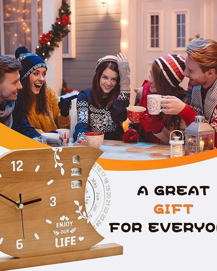 2-in-1 Wooden Analog Clock & Calendar - Silent No Ticking Desk Clocks Perpetual Calendar for Office, Bedroom, Study - Vintage Home Shelf Table Decor - Flip Date, Month & Day of The Week