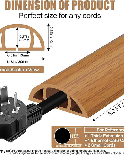 Floor Cord Cover Self Adhesive Cord Hider,3.3FT Cable Management, Extension Strip Protector for Wires, Prevent Cable Trips for Offices, Gyms, Exhibitions Cavity:0.39"(W) x 0.27"(H) Brown Wood