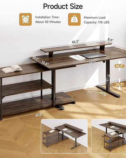 ONBRILL L Shaped Standing Desk with File Cabinet, 55x24'' Electric Stand Up Desk with Monitor and Storage Shelf, Adjustable Height 28-46'' for Home and Computer Workstation, Walnut