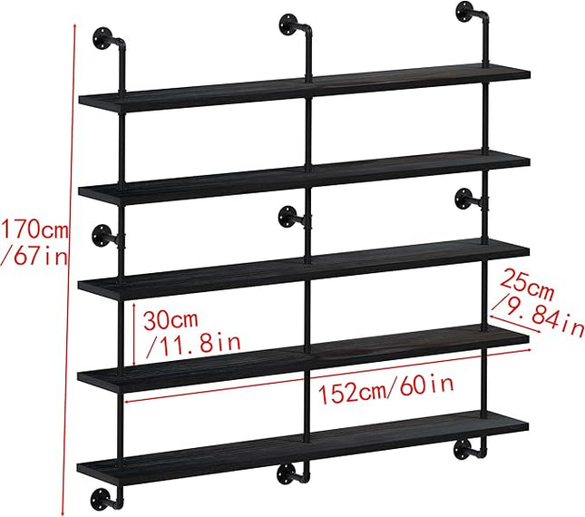 Floating Shelves for Wall Bookshelf Industrial Pipe Shelving Shelves 60 Inch 5 Tier Natural Wood Planks Rustic Wall Shelves Hanging Bookshelves Farmhouse Kitchen Shelving