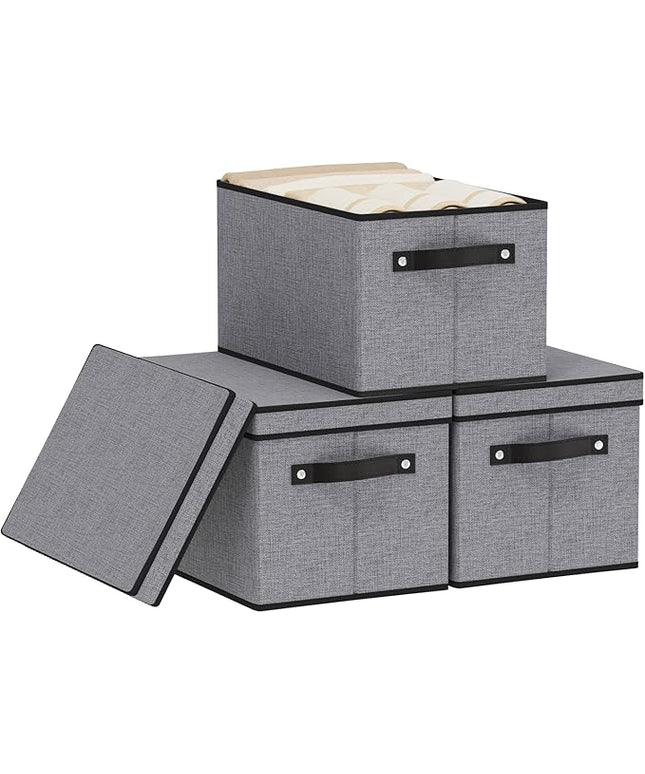 Foldable Storage Bins with Lids, 15 x 9.8 x 8.3 Inch Storage Boxes with Handles, Fabric Closet Organizers for Wardrobe, Gray, 3-Pack
