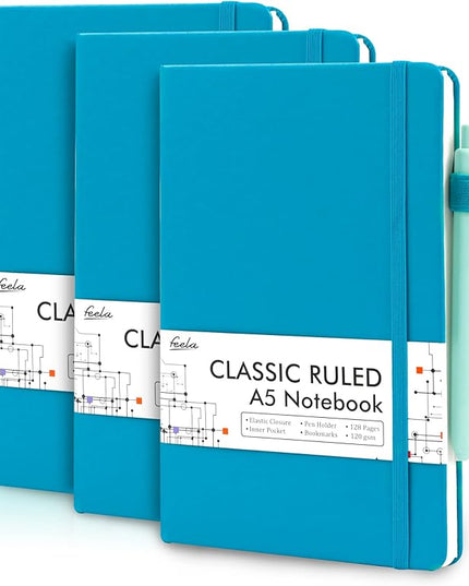 feela 3 Pack Notebooks Journals Bulk, Hardcover Notebook Classic Ruled Lined Journal Set with Pen Holder for Work Business Journaling Note Taking, with 3 Black Pens, 120 GSM, 5.1”x8.3”, A5, Teal