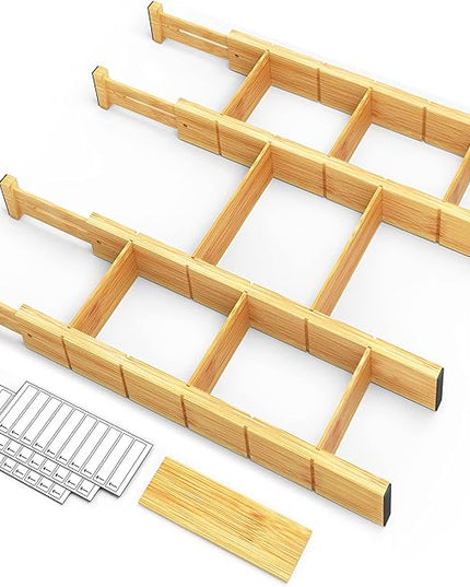 SpaceAid Bamboo Drawer Dividers with Inserts and Labels, Kitchen Adjustable Drawer Organizers, Expandable Organization for Home, Office, Dressers, 4 Dividers with 9 Inserts (17"-22" Natural)