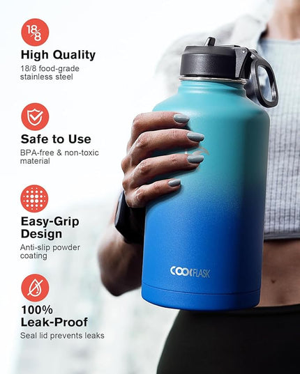 Coolflask Half Gallon Water Bottle Insulated with Straw & 3 Lids, 64 oz Water Jug Large Metal Stainless Steel Wide Mouth for Sports, Gym or Office, Non-BPA Keep Cold 48H Hot 24H, Indigo Blue