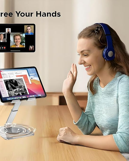 GuaziV 360° Rotating Tablet Stand - Adjustable iPad Tablet Holder for Desk, Foldable iPad Swivel Stand for Home & Office (Polished Silver)