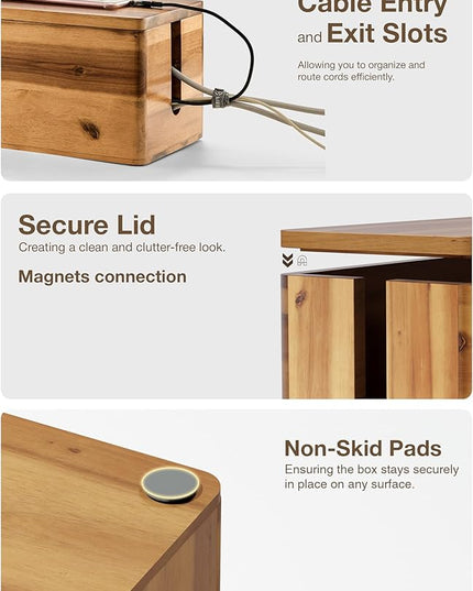 Acacia Wood Cable Management Box Round Edge - 16" L Wooden Cable Organizer Box for Electrical Hiding Cord Management - Power Strip Hider Cable Storage Box for Office, Router Wires, Under Desk