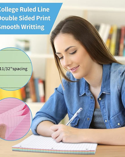 6 Color Loose Leaf Paper College Ruled, 120 Sheets 8" X 10.5" Colored Notebook Paper, 3-Hole Punched 70 Gsm Lined Paper For 3-Ring Binders, Loose Leaf Office Paper