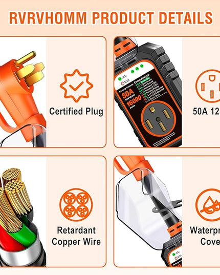 RV Surge Protector 50 Amp Flag Design - Upgraded 16000J Power Surges Voltage Protection Circuit Analyzer IP68 Waterproof Cover for 50A RVS Camper Trailer Must Haves (50Amp, Orange)