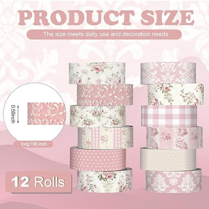 YooNotee 12 Rolls Watercolor Floral Washi Tape Set 15 mm Vintage Flower Decorative Masking Tape for Arts DIY Craft Scrapbook Envelope Party Supplies Gift Wrapping(Light Pink,Polka Dots and Floral)