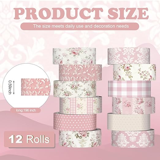 YooNotee 12 Rolls Watercolor Floral Washi Tape Set 15 mm Vintage Flower Decorative Masking Tape for Arts DIY Craft Scrapbook Envelope Party Supplies Gift Wrapping(Light Pink,Polka Dots and Floral)