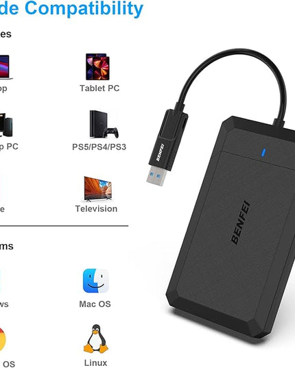 BENFEI 2.5 Inch SATA to USB Tool Free External Hard Drive Enclosure, USB Type-C/Type-A to Sata Compatible for 2.5 Inch SSD(Optimized for SSD, Support UASP)